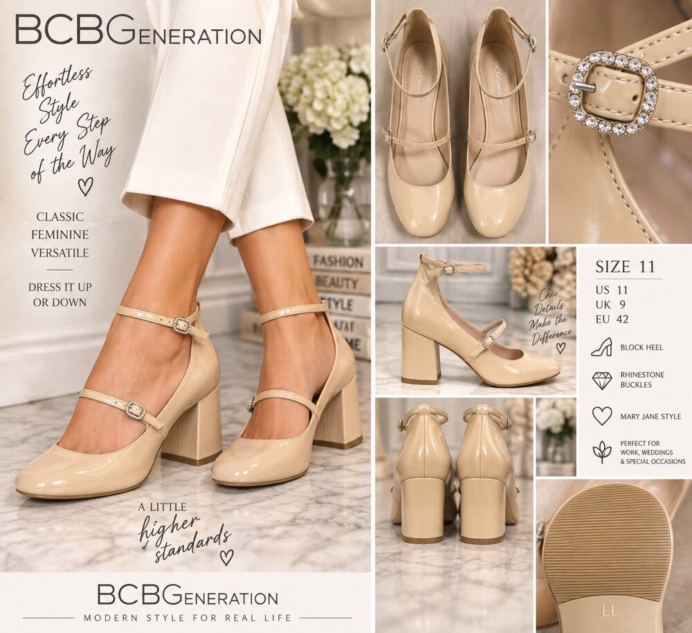 🆕BCBGeneration Maxanna Women’s 11 Nude Patent Mary Jane Block Heels Rhinestone
